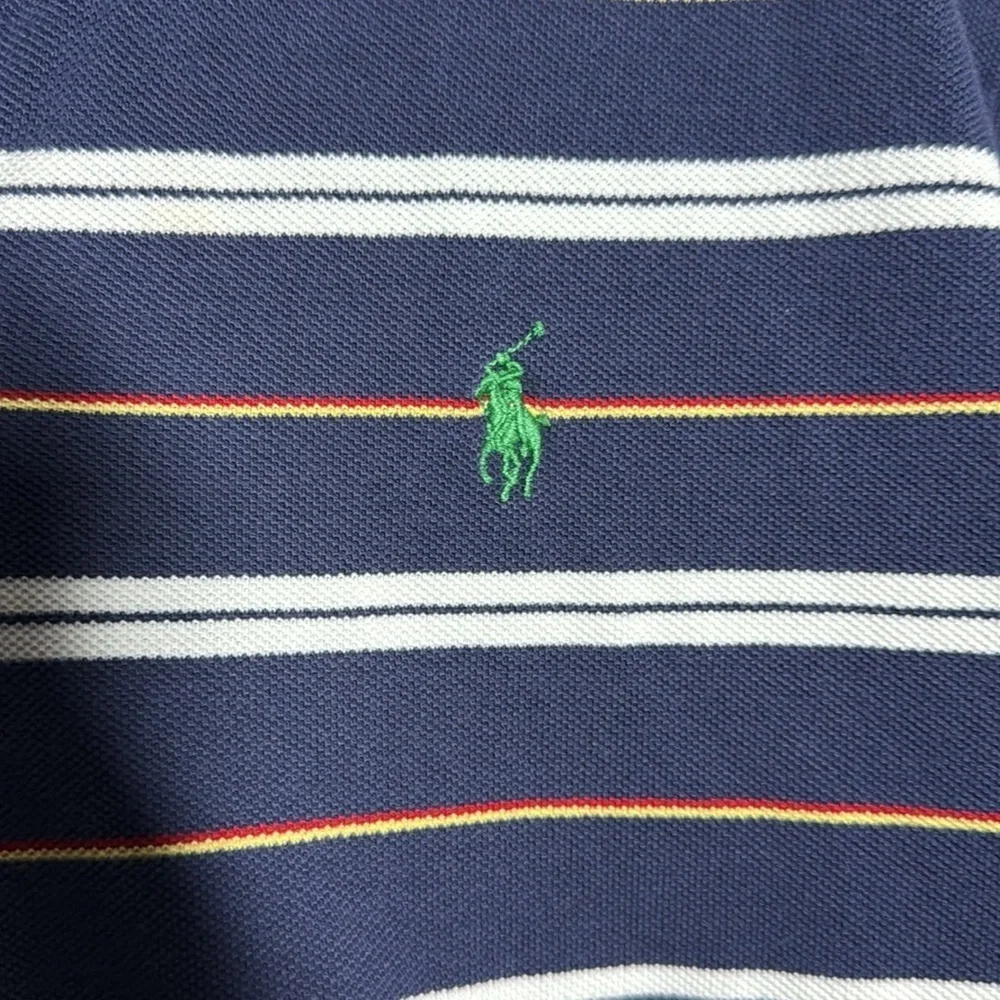 Polo Ralph Lauren Navy Blue Multi Color Stripe Collared Logo Polo Size XL